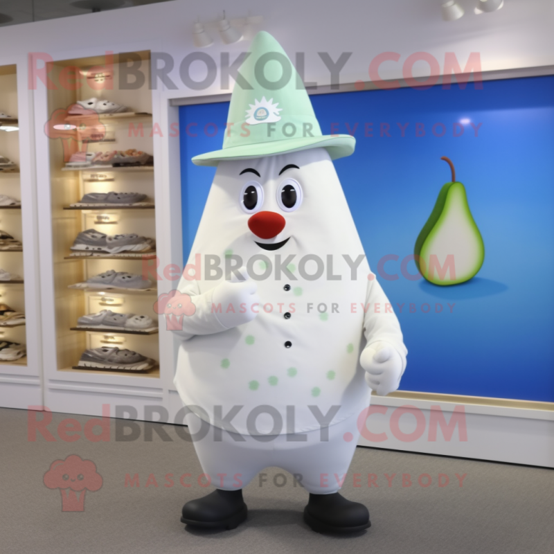 White Pear mascot costume character dressed with a Bermuda Shorts and Hat pins White Pear mascot costume character dressed with a Bermuda Shorts and Hat pins