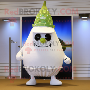 White Pear mascot costume character dressed with a Bermuda Shorts and Hat pins