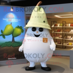 White Pear mascot costume character dressed with a Bermuda Shorts and Hat pins