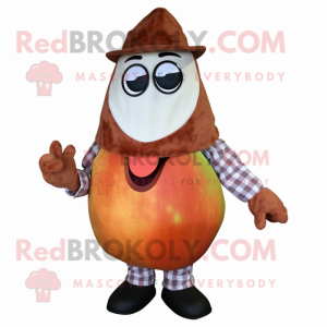 Rust Pear mascot costume character dressed with a Flannel Shirt and Rings