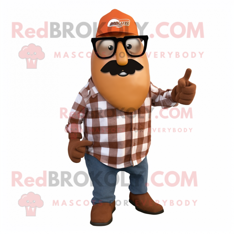 Rust Pear mascot costume character dressed with a Flannel Shirt and Rings