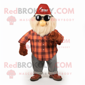 Rust Pear mascot costume character dressed with a Flannel Shirt and Rings
