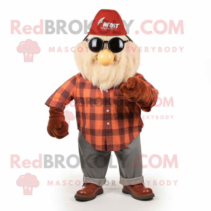 Rust Pear mascot costume character dressed with a Flannel Shirt and Rings