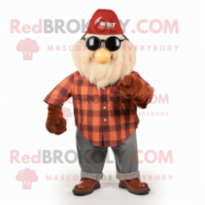 Rust Pear mascot costume character dressed with a Flannel Shirt and Rings