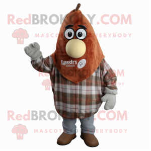 Rust Pear mascot costume character dressed with a Flannel Shirt and Rings