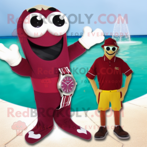 Maroon Wrist Watch mascot costume character dressed with a One-Piece Swimsuit and Scarf clips