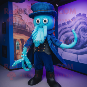 Blue Kraken mascot costume character dressed with a Waistcoat and Beanies