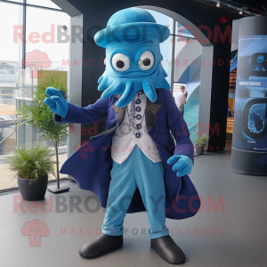 Blue Kraken mascot costume character dressed with a Waistcoat and Beanies