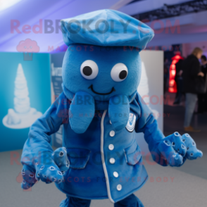 Blue Kraken mascot costume character dressed with a Waistcoat and Beanies
