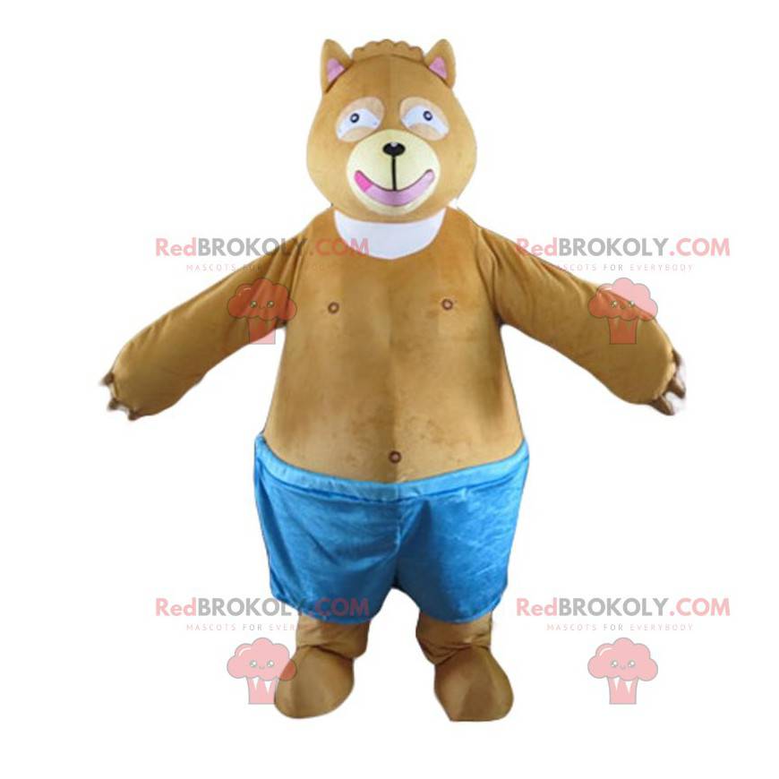 Mascote de urso marrom rechonchudo e fofo, fantasia de sumô -