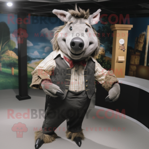 Gray Wild Boar mascot costume character dressed with a Blouse and Belts