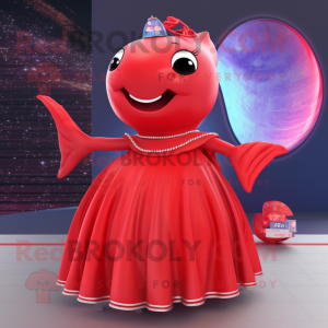 Red Whale mascot costume character dressed with a Ball Gown and Bracelets