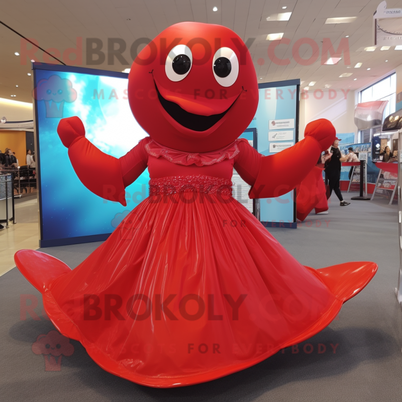 Red Whale mascot costume character dressed with a Ball Gown and Bracelets