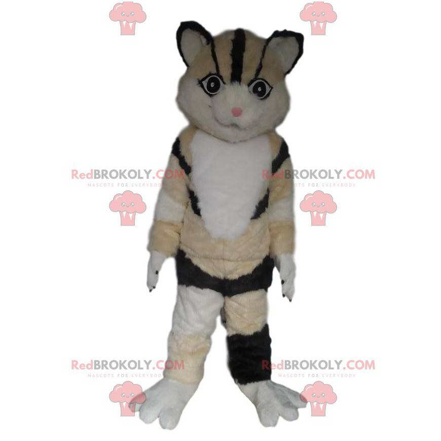 Mascote tricolor de gato, fantasia de gato bege, branco e preto Mascote tricolor de gato, fantasia de gato bege, branco e preto