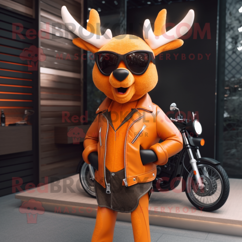 Orange Deer mascot costume character dressed with a Biker Jacket and Sunglasses