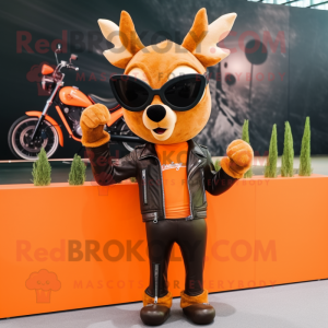 Orange Deer mascot costume character dressed with a Biker Jacket and Sunglasses