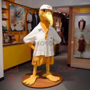 Gold Albatross mascot costume character dressed with a Henley Tee and Shoe clips