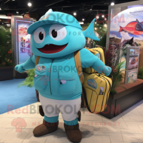 Turquoise Tuna mascot costume character dressed with a Tank Top and Messenger bags