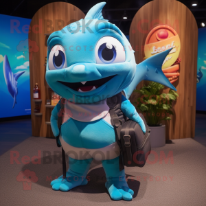 Turquoise Tuna mascot costume character dressed with a Tank Top and Messenger bags