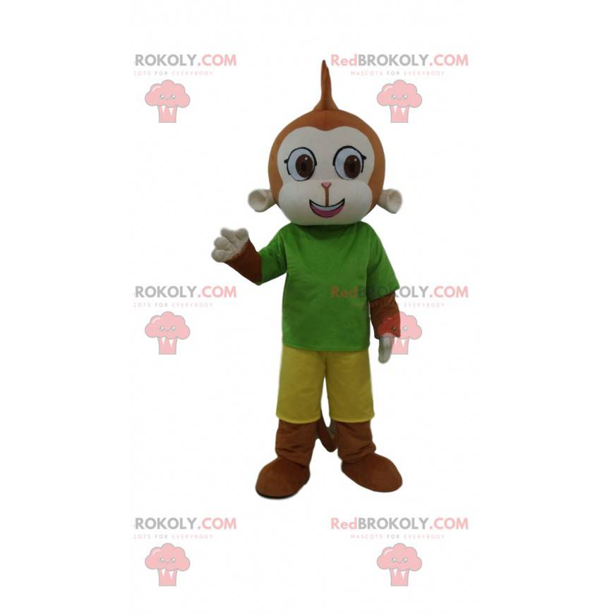 Brown monkey mascot dressed in a colorful outfit -