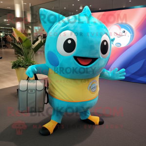 Turquoise Tuna mascot costume character dressed with a Tank Top and Messenger bags