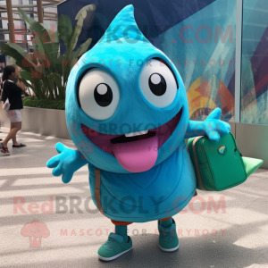 Turquoise Tuna mascot costume character dressed with a Tank Top and Messenger bags