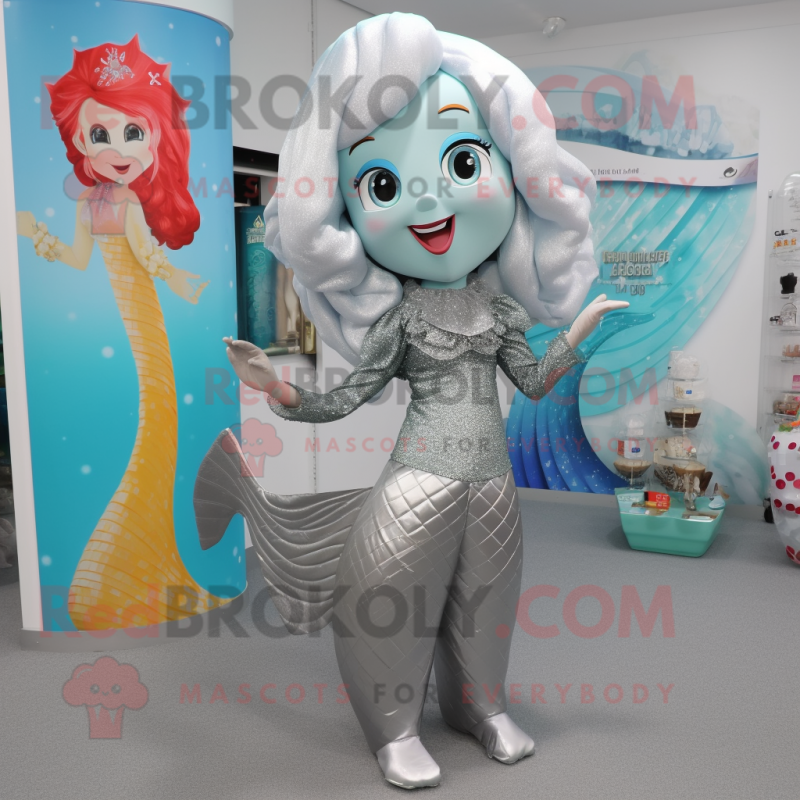 Silver Mermaid mascot costume character dressed with a Trousers and Brooches Silver Mermaid mascot costume character dressed with a Trousers and Brooches
