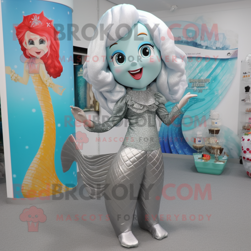 Silver Mermaid mascot costume character dressed with a Trousers and Brooches