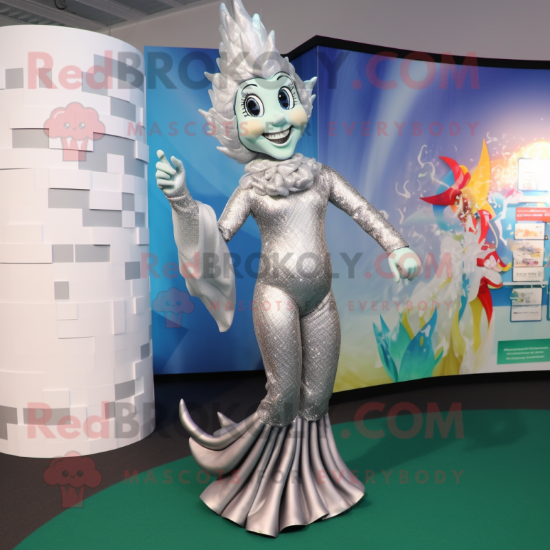 Silver Mermaid mascot costume character dressed with a Trousers and Brooches