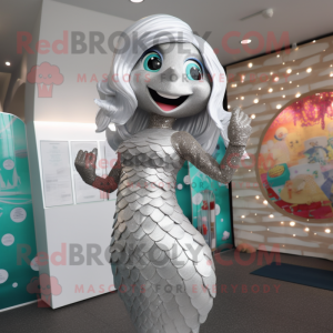 Silver Mermaid mascot costume character dressed with a Trousers and Brooches