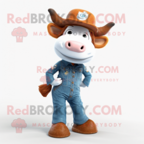 Rust Cow mascot costume character dressed with a Flare Jeans and Berets