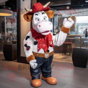 Rust Cow mascot costume character dressed with a Flare Jeans and Berets