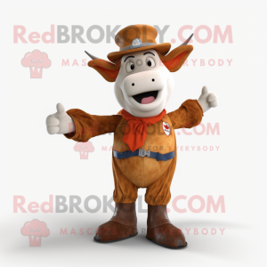 Rust Cow mascot costume character dressed with a Flare Jeans and Berets
