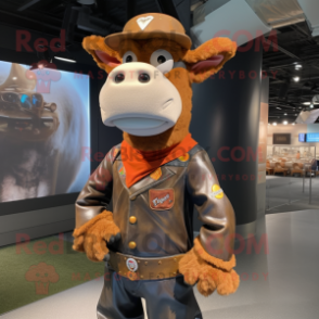 Rust Cow mascot costume character dressed with a Flare Jeans and Berets