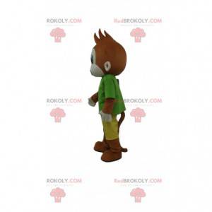 Brown monkey mascot dressed in a colorful outfit -