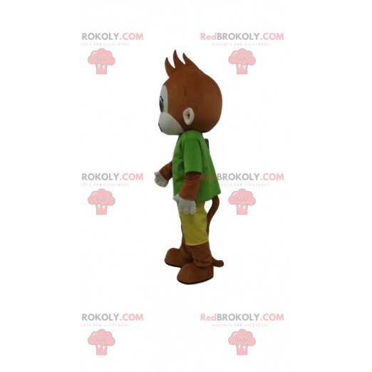 Brown monkey mascot dressed in a colorful outfit -