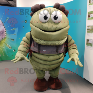 Olive Trilobite mascot costume character dressed with a Culottes and Backpacks