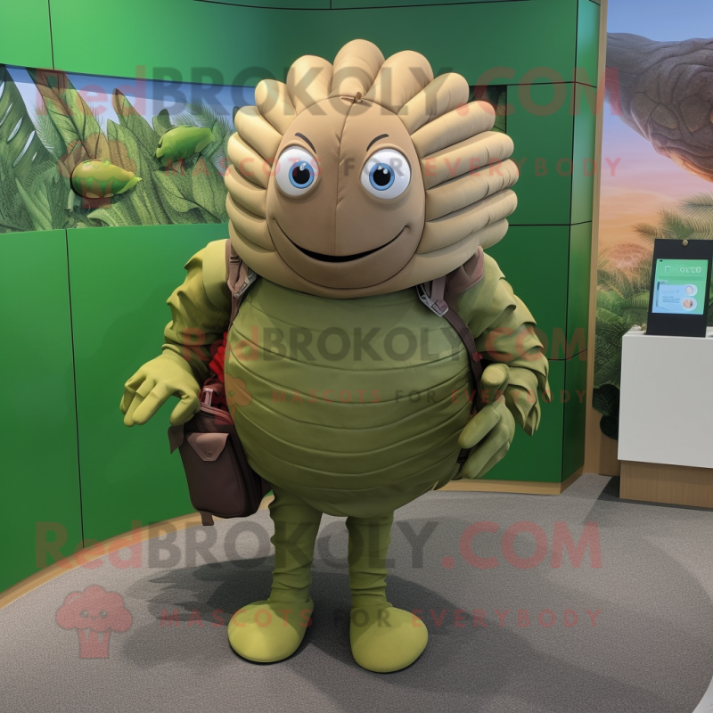 Olive Trilobite mascot costume character dressed with a Culottes and Backpacks