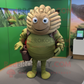 Olive Trilobite mascot costume character dressed with a Culottes and Backpacks