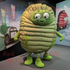 Olive Trilobite mascot costume character dressed with a Culottes and Backpacks