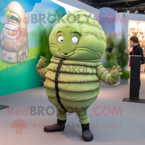 Olive Trilobite mascot costume character dressed with a Culottes and Backpacks