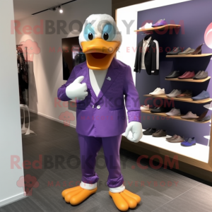 Purple Duck mascot costume character dressed with a Suit Pants and Shoe clips