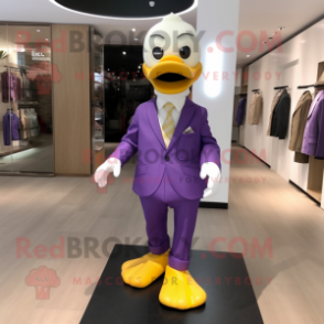 Purple Duck mascot costume character dressed with a Suit Pants and Shoe clips