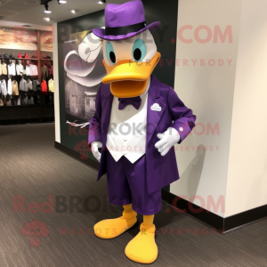 Purple Duck mascot costume character dressed with a Suit Pants and Shoe clips