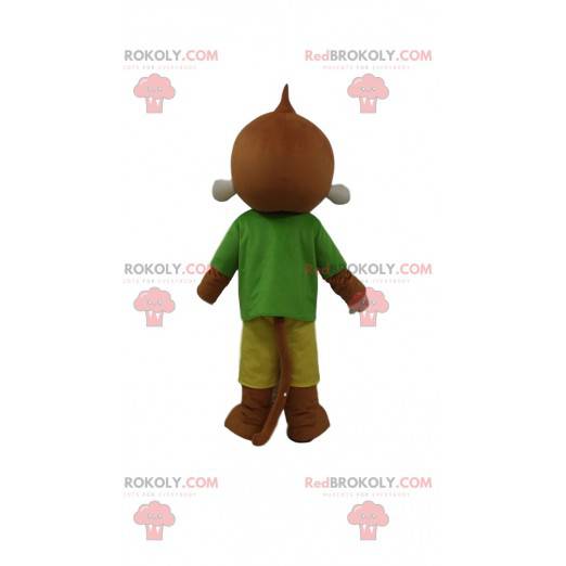 Brown monkey mascot dressed in a colorful outfit -