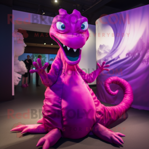 Magenta Hydra mascot costume character dressed with a Evening Gown and Wraps