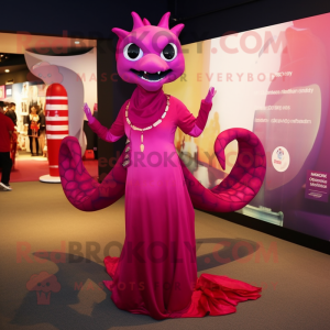 Magenta Hydra mascot costume character dressed with a Evening Gown and Wraps