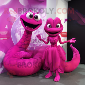 Magenta Hydra mascot costume character dressed with a Evening Gown and Wraps