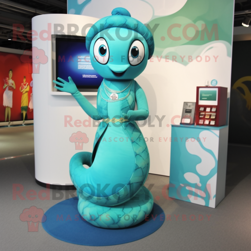 Turquoise Snake mascot costume character dressed with a Maxi Dress and Brooches