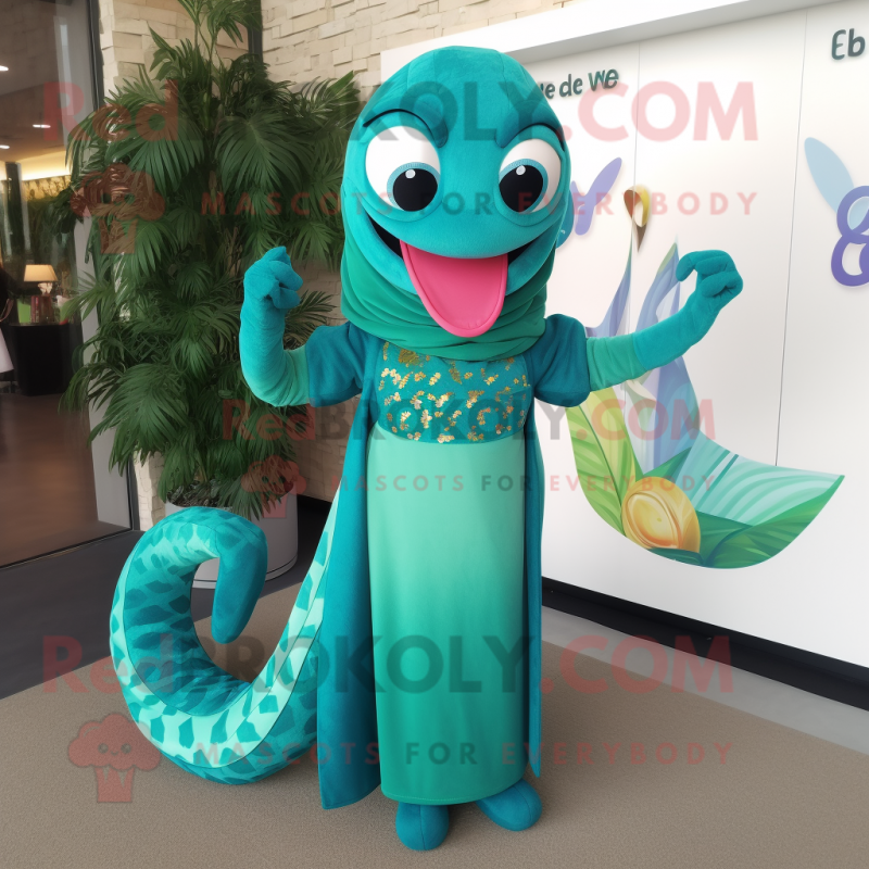 Turquoise Snake mascot costume character dressed with a Maxi Dress and Brooches